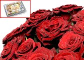 Bouquet of red roses with chocolates